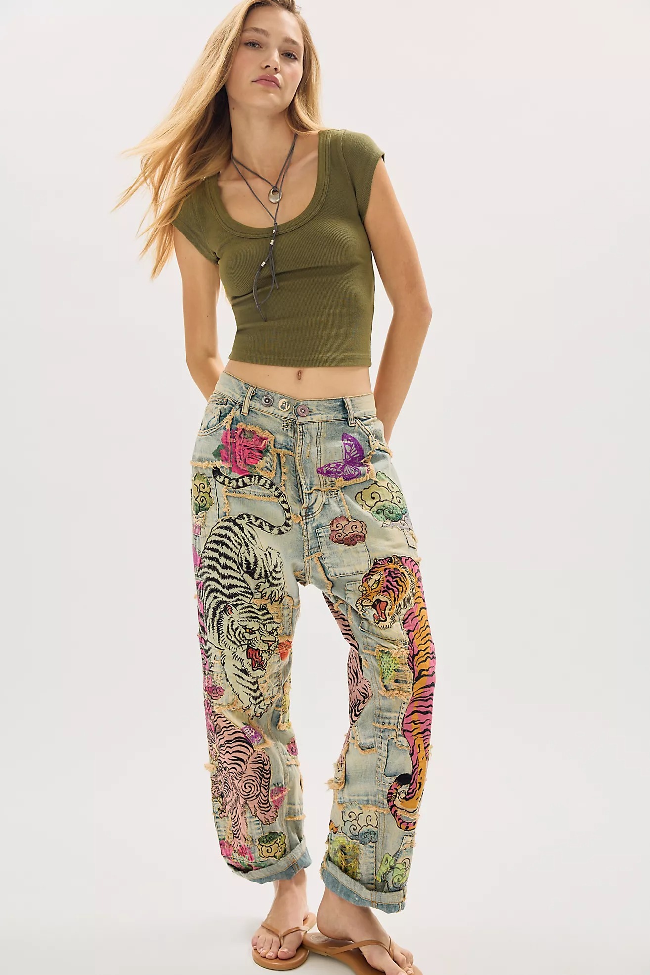 Tiger & Floral Patchwork Wide Leg Jeans