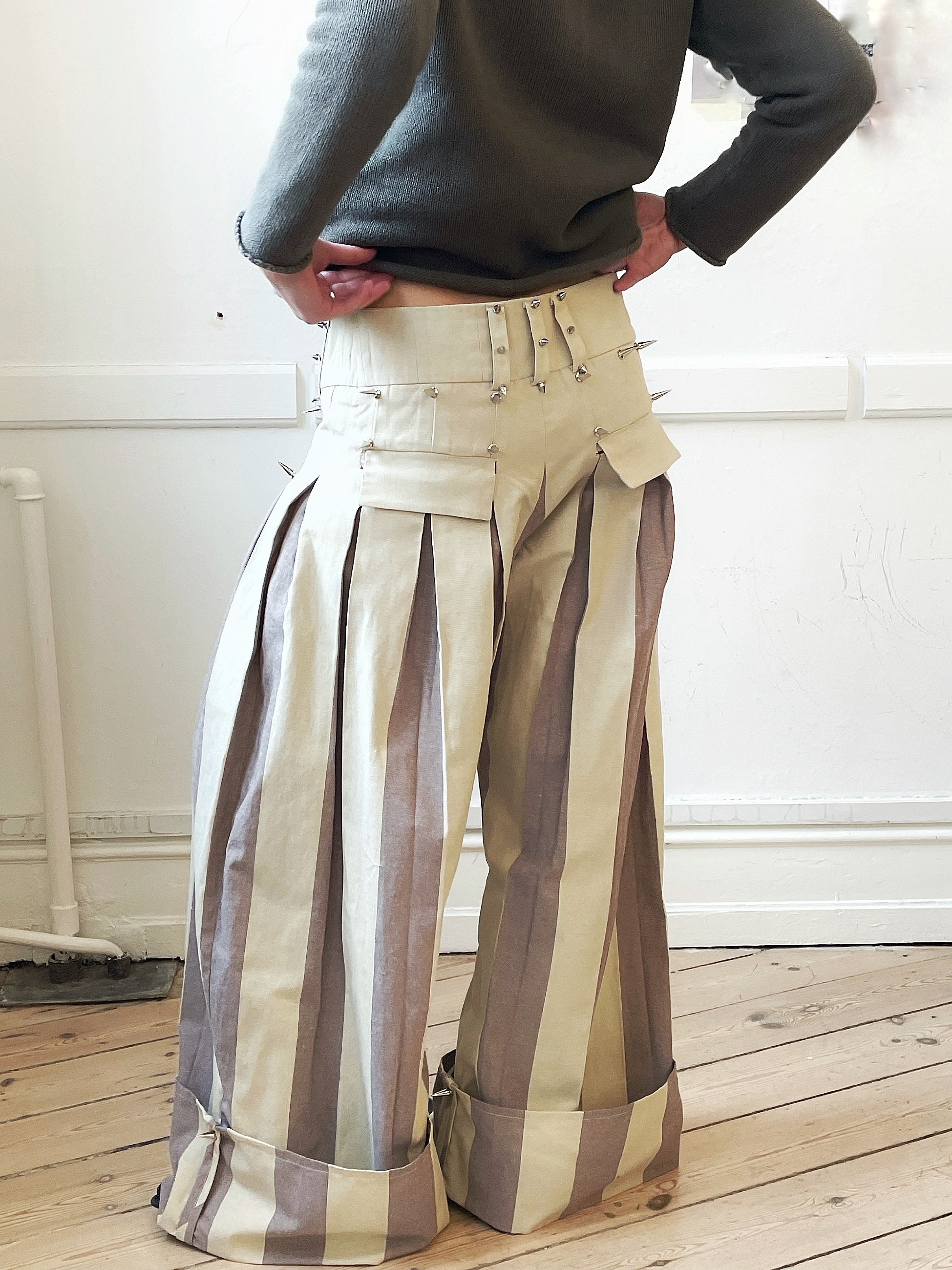 Oversized Stripe Stud-Detail Wide-Leg Pants