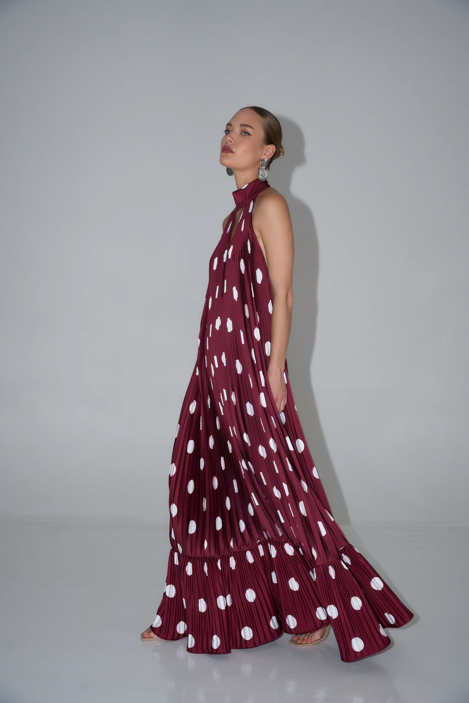 Wine Dot Pleated Halter Maxi Dress