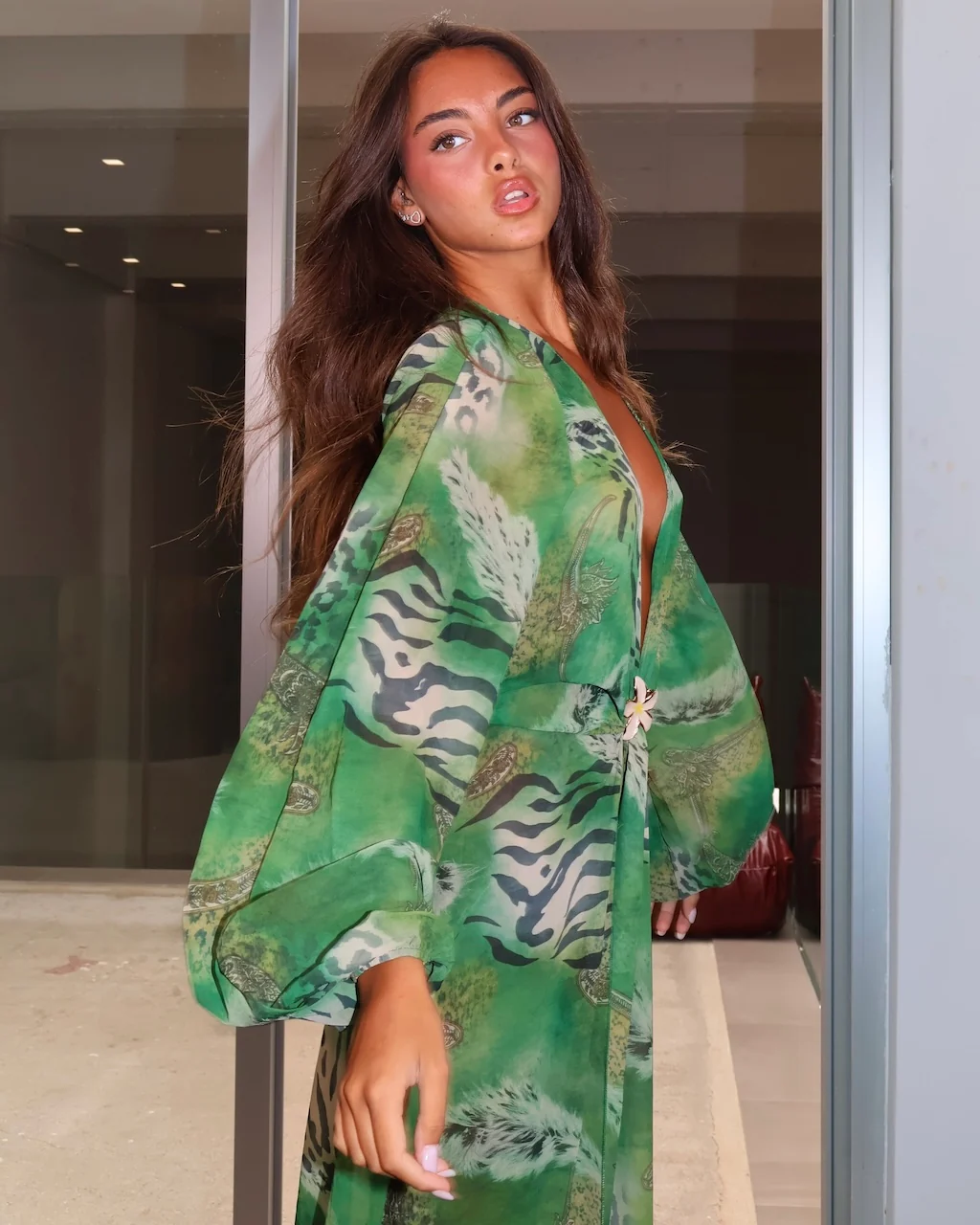 Printed Deep V Floral-Clasp Maxi Dress