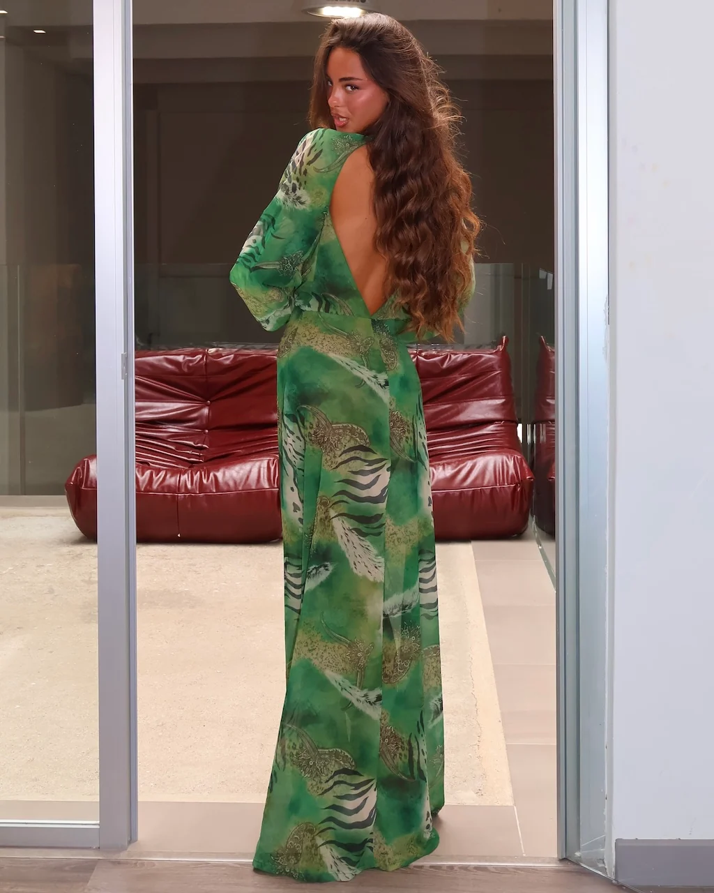 Printed Deep V Floral-Clasp Maxi Dress