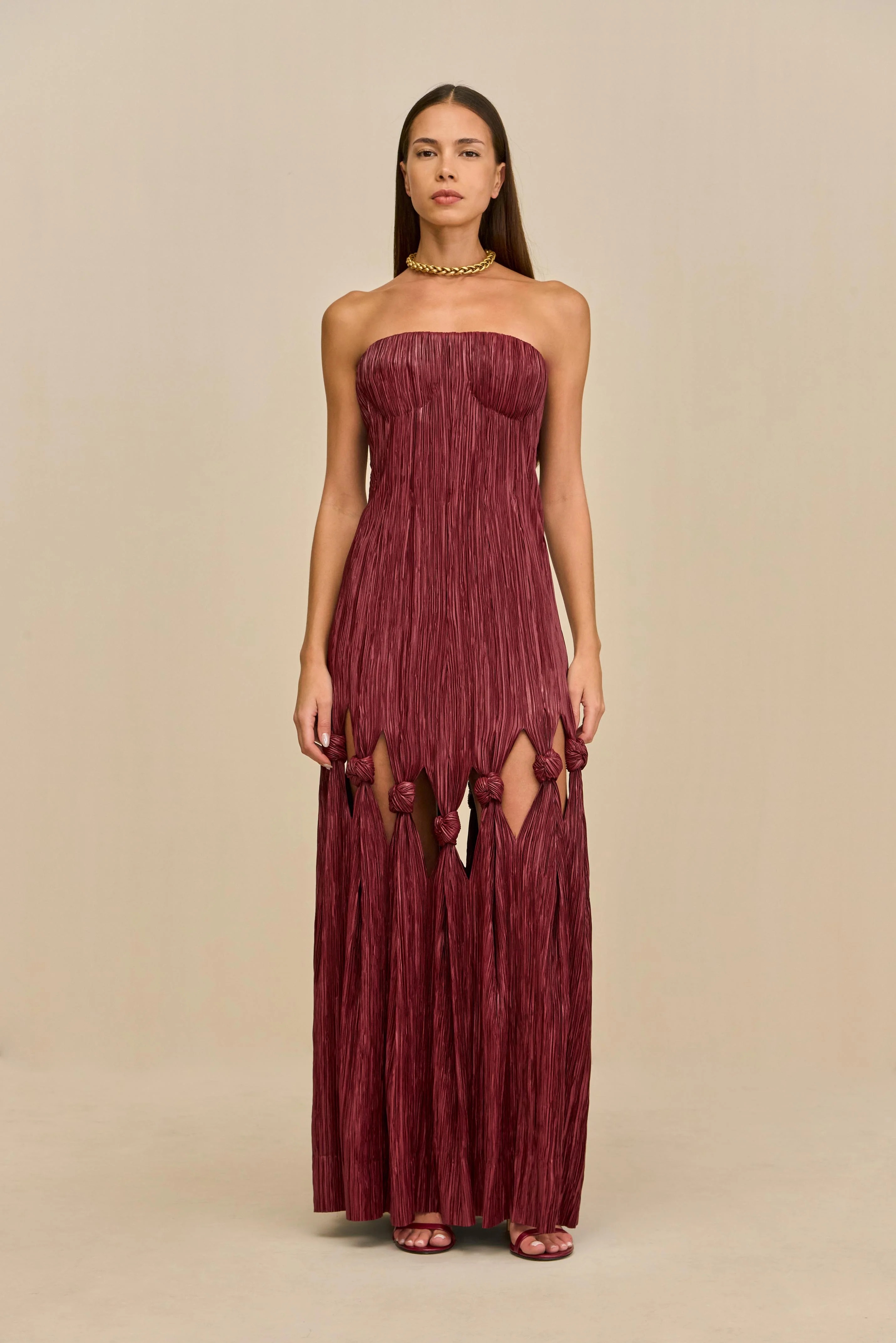 Burgundy Ruched Strapless Cutout-Knot Maxi Dress