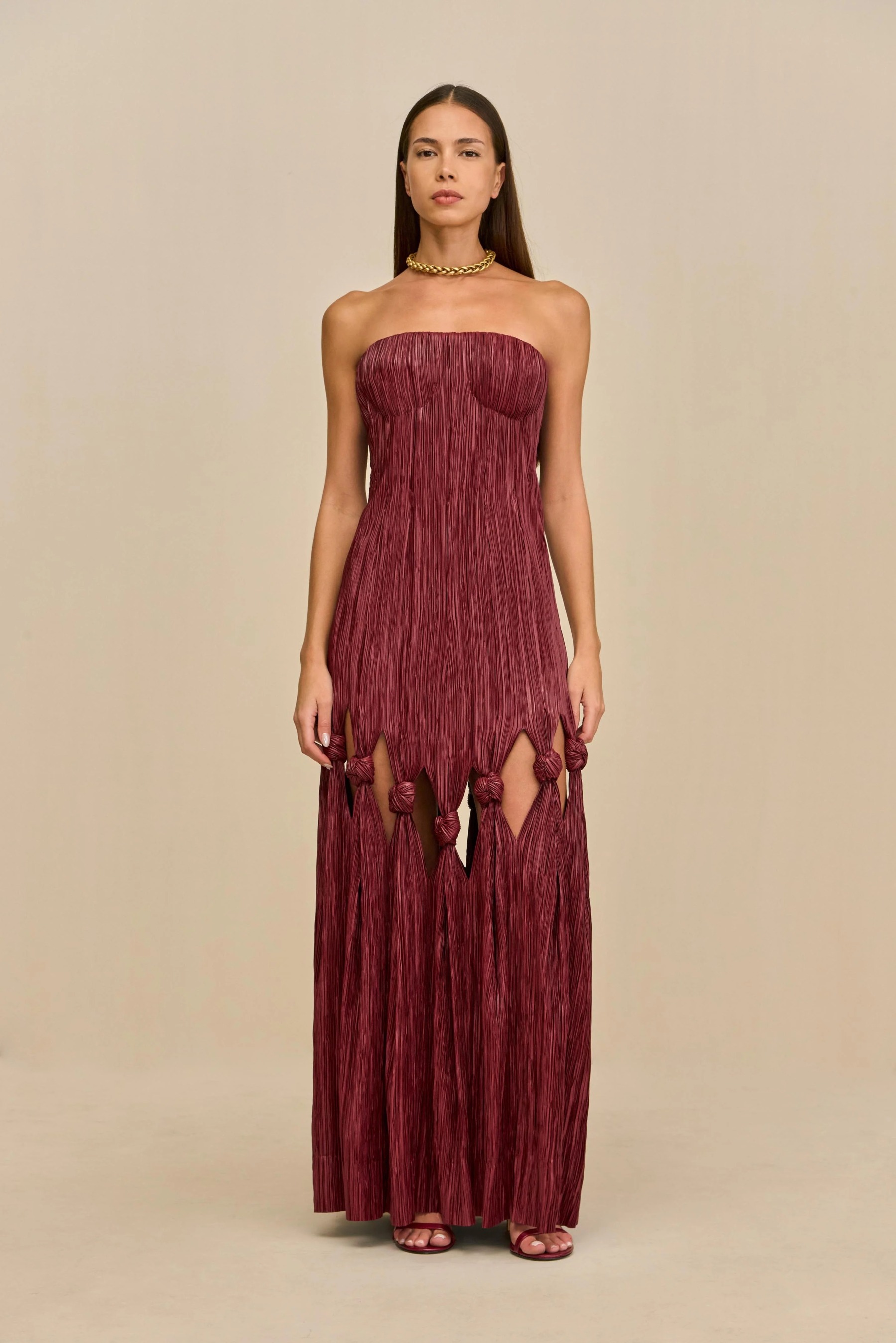 Burgundy Ruched Strapless Cutout-Knot Maxi Dress