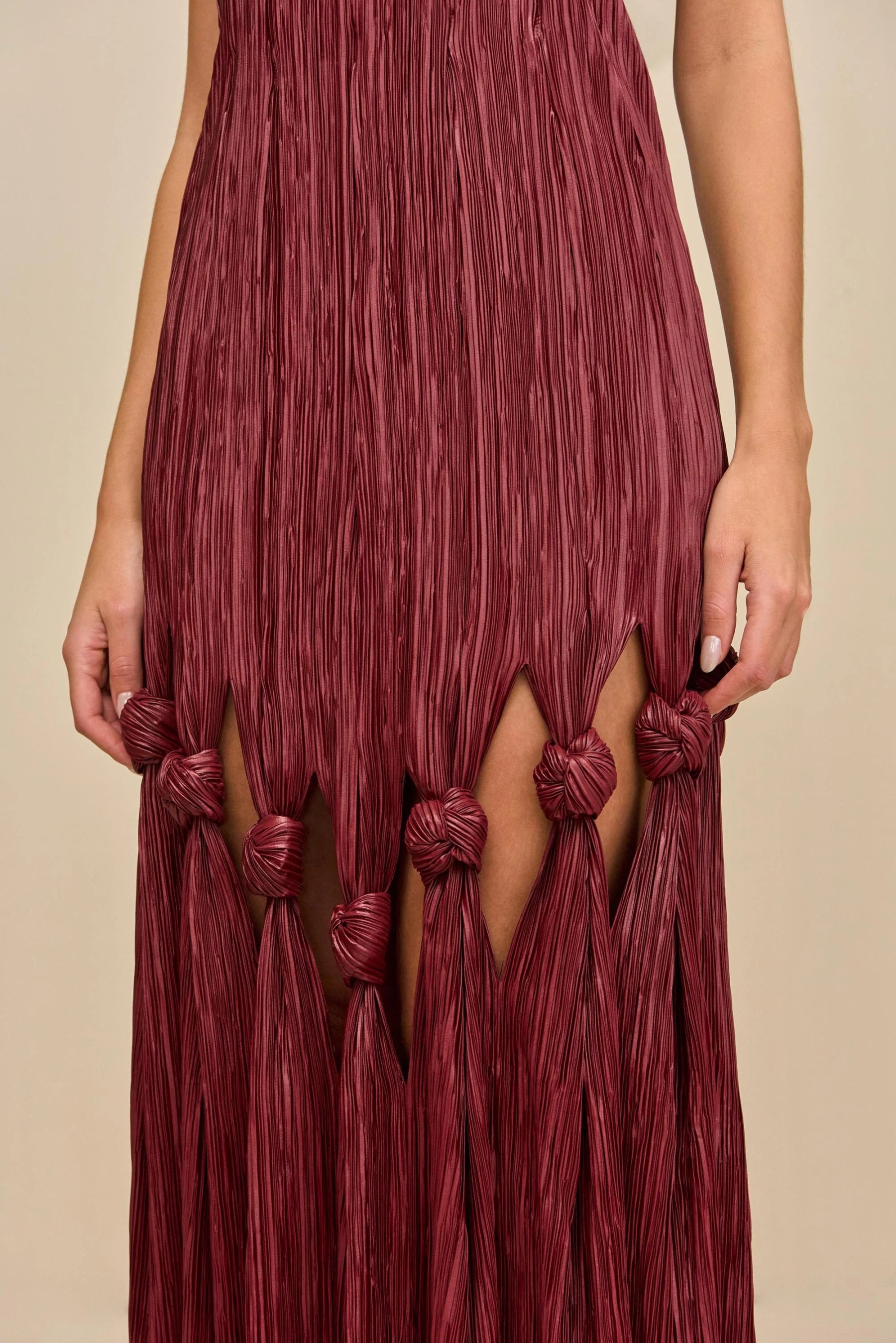 Burgundy Ruched Strapless Cutout-Knot Maxi Dress