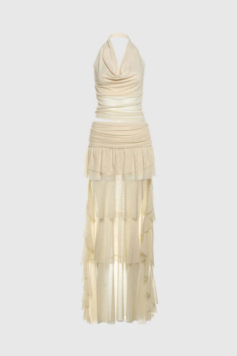Ruffle Mesh Cowl Neck Skirt Set-ROVOLE