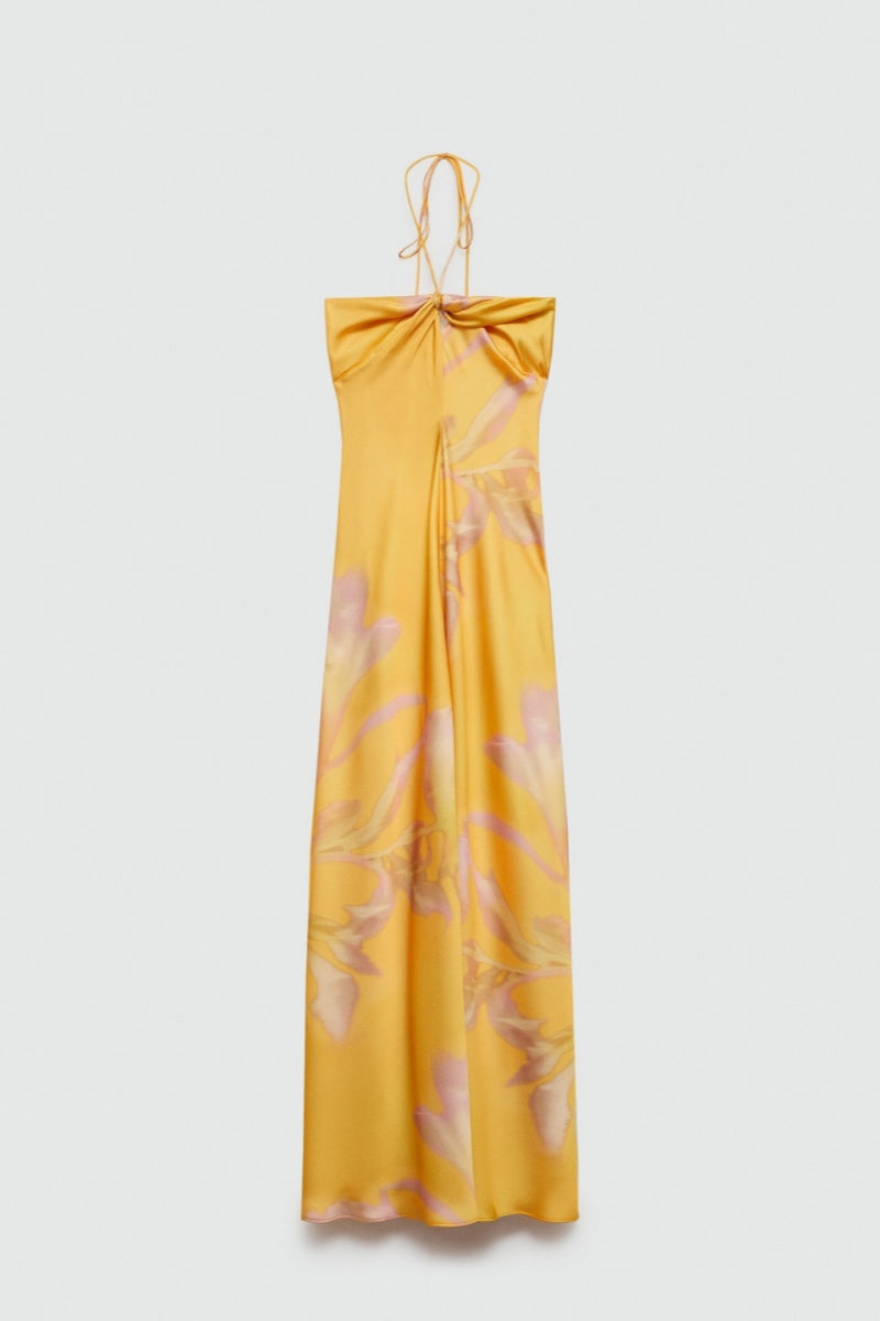 Yellow Printed Satin Maxi Dress-ROVOLE