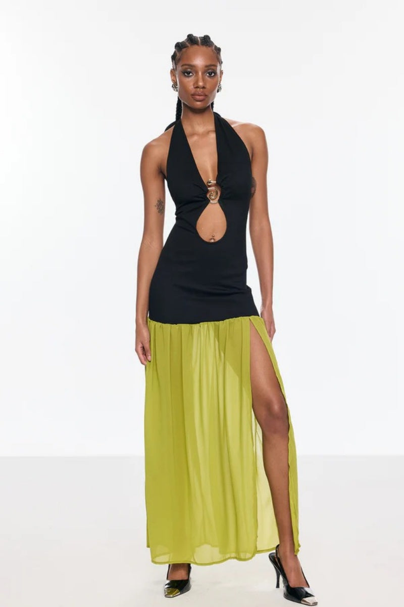 Cutout Halter Neck Backless Split Maxi Dress-ROVOLE