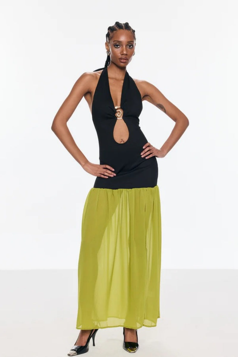 Cutout Halter Neck Backless Split Maxi Dress-ROVOLE