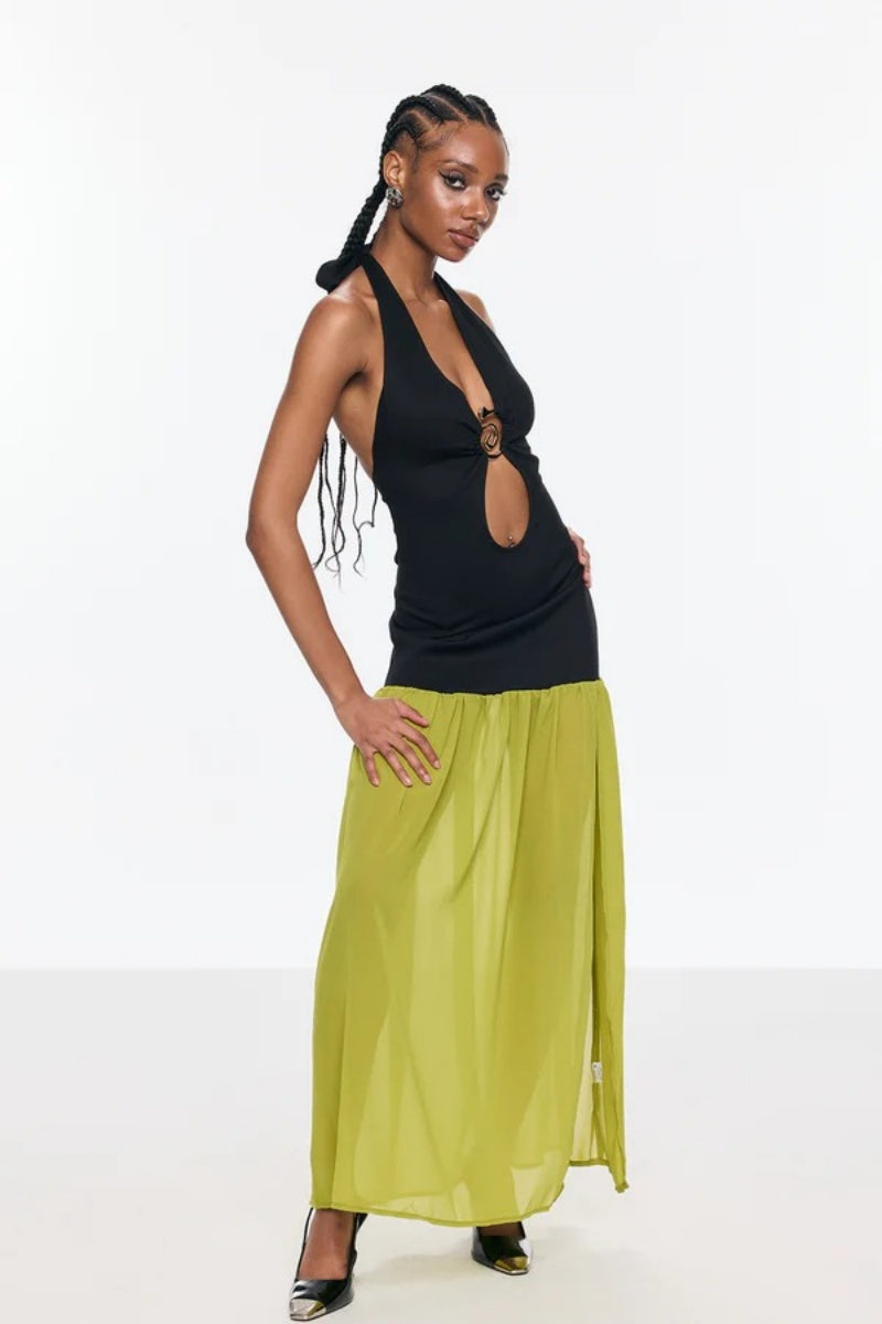 Cutout Halter Neck Backless Split Maxi Dress-ROVOLE