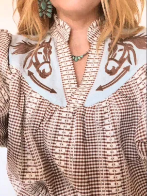 Prairie Horse Gingham Puff Sleeve Blouse-ROVOLE