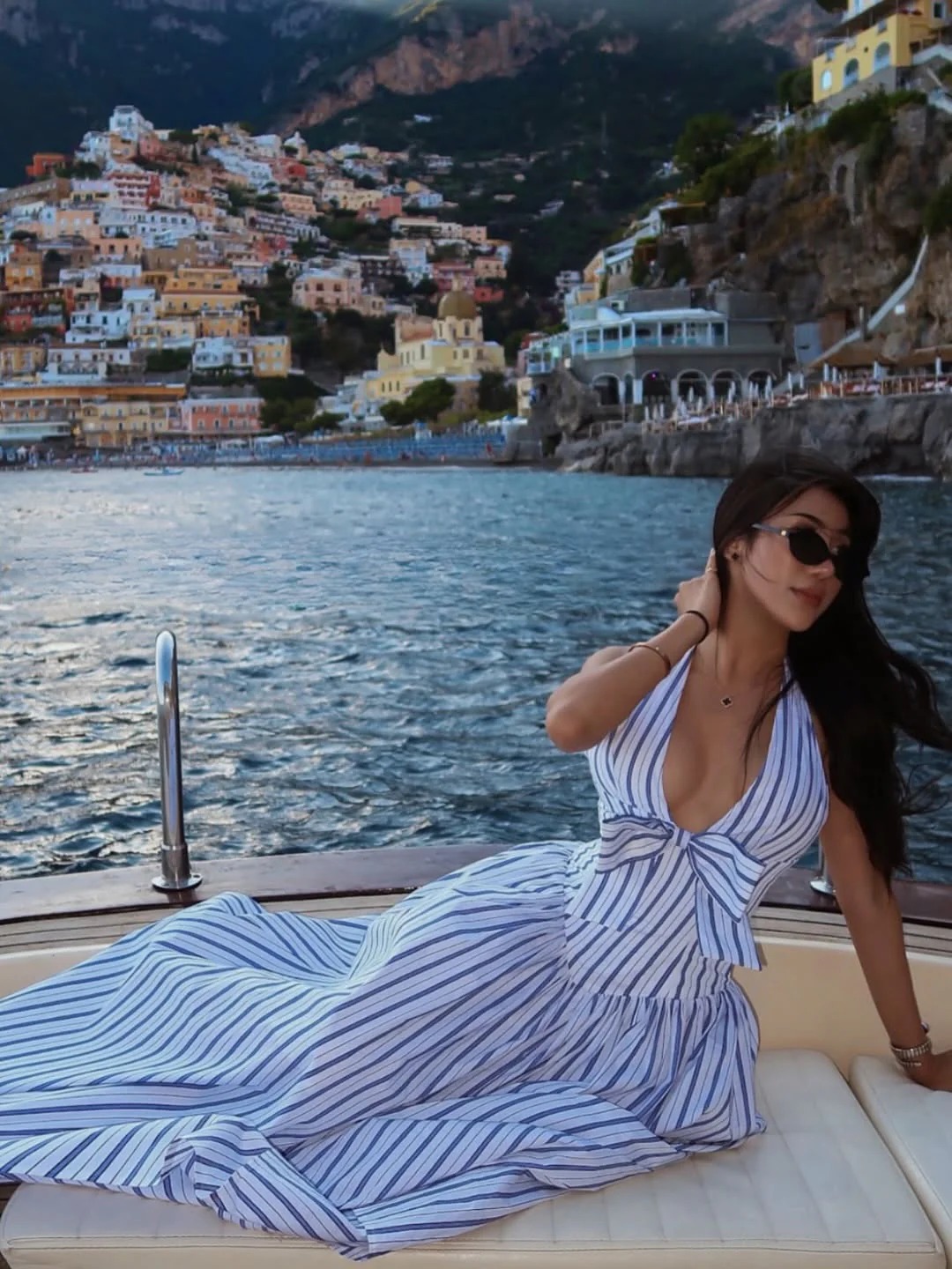 Navy Stripe Halter Smock Back Maxi Dress