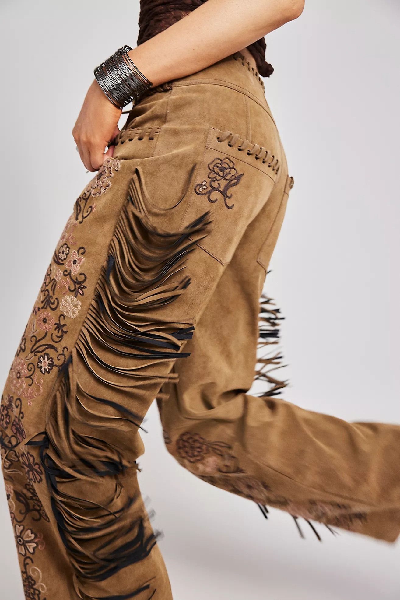 Western Floral Fringe Flare Pants