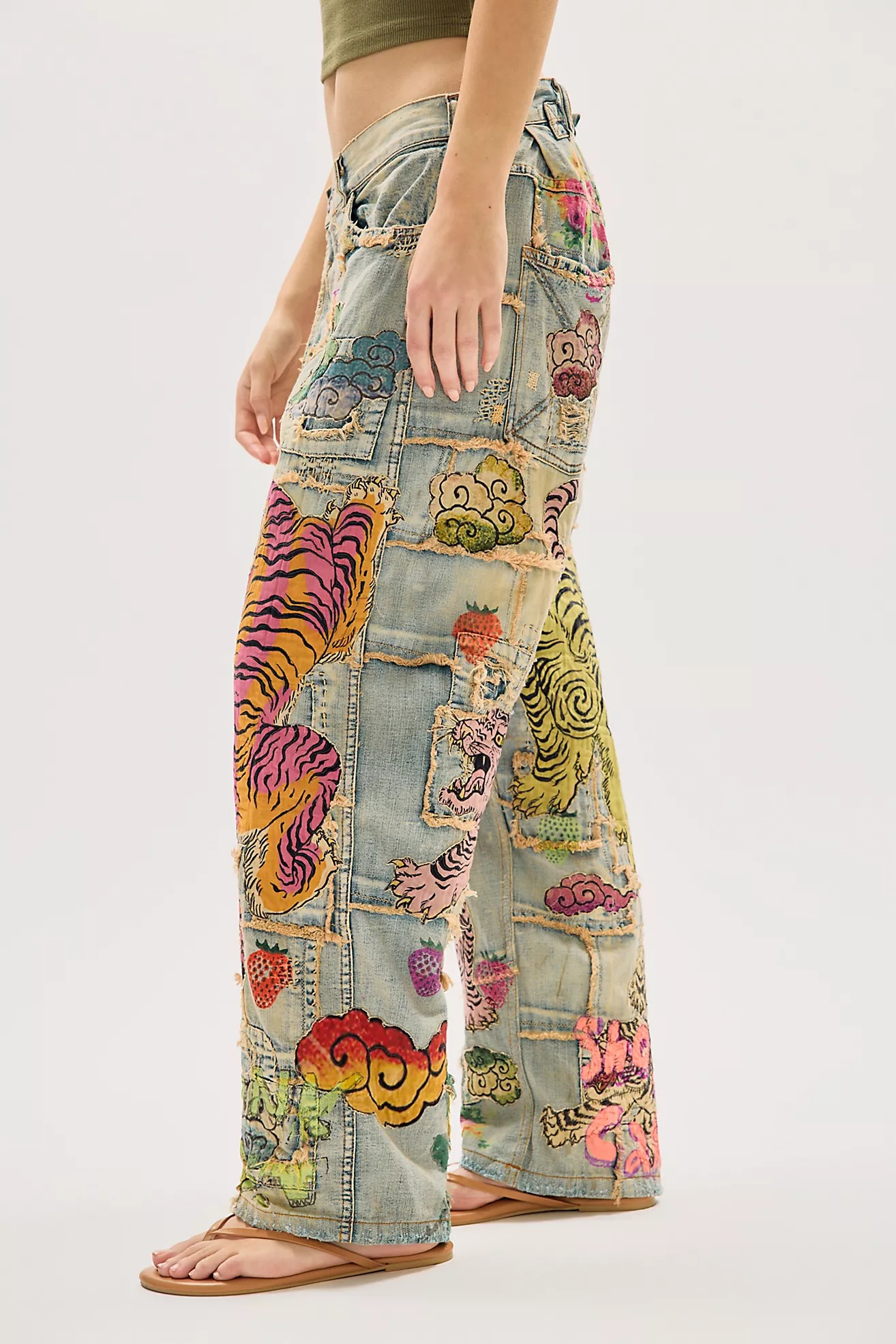 Tiger & Floral Patchwork Wide Leg Jeans