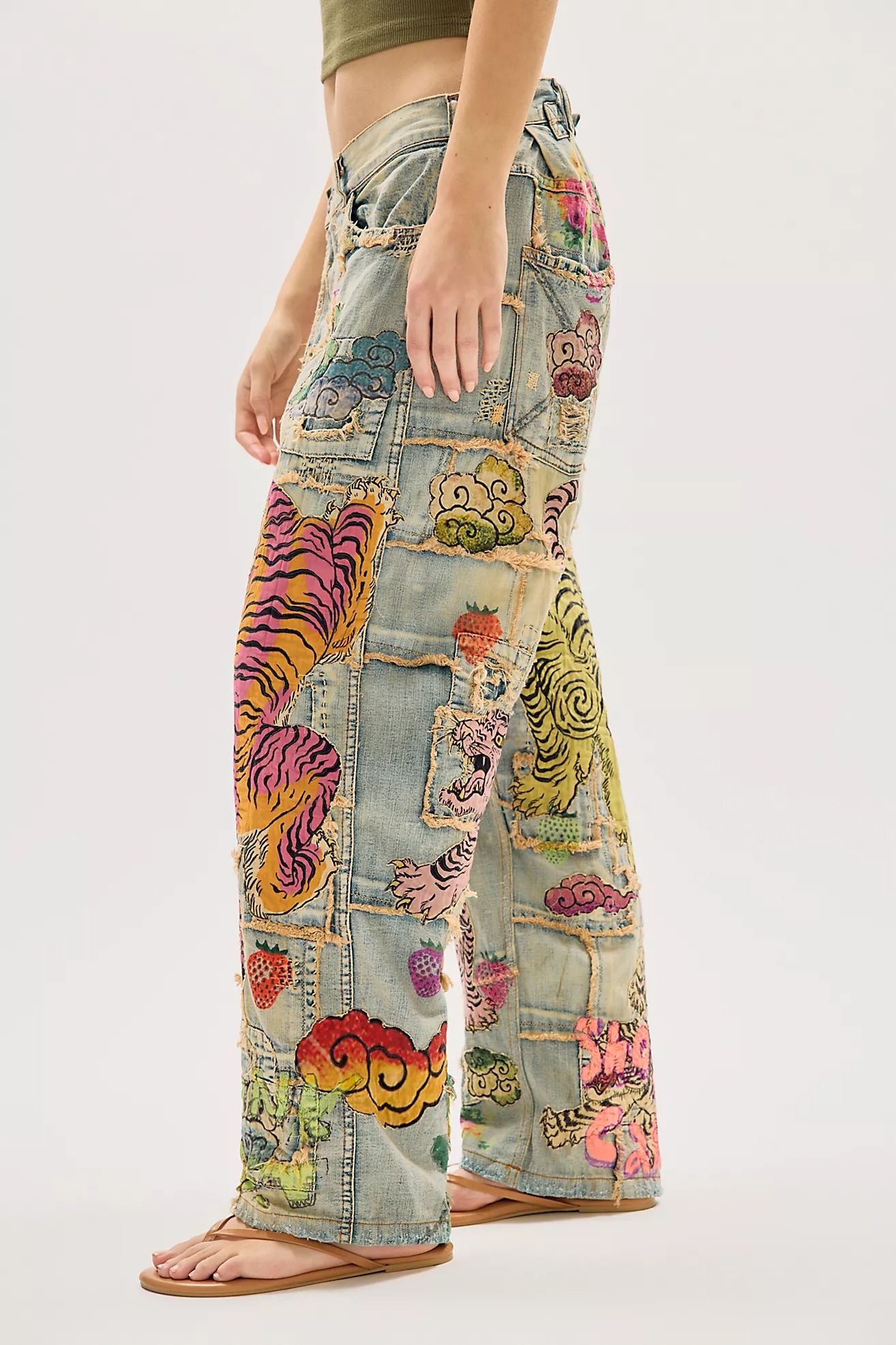 Tiger & Floral Patchwork Wide Leg Jeans