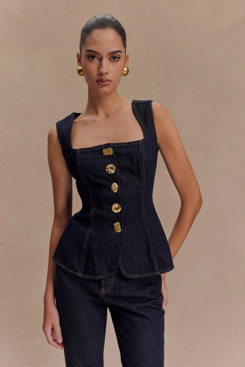 Sleeveless Buttoned Denim Set-ROVOLE