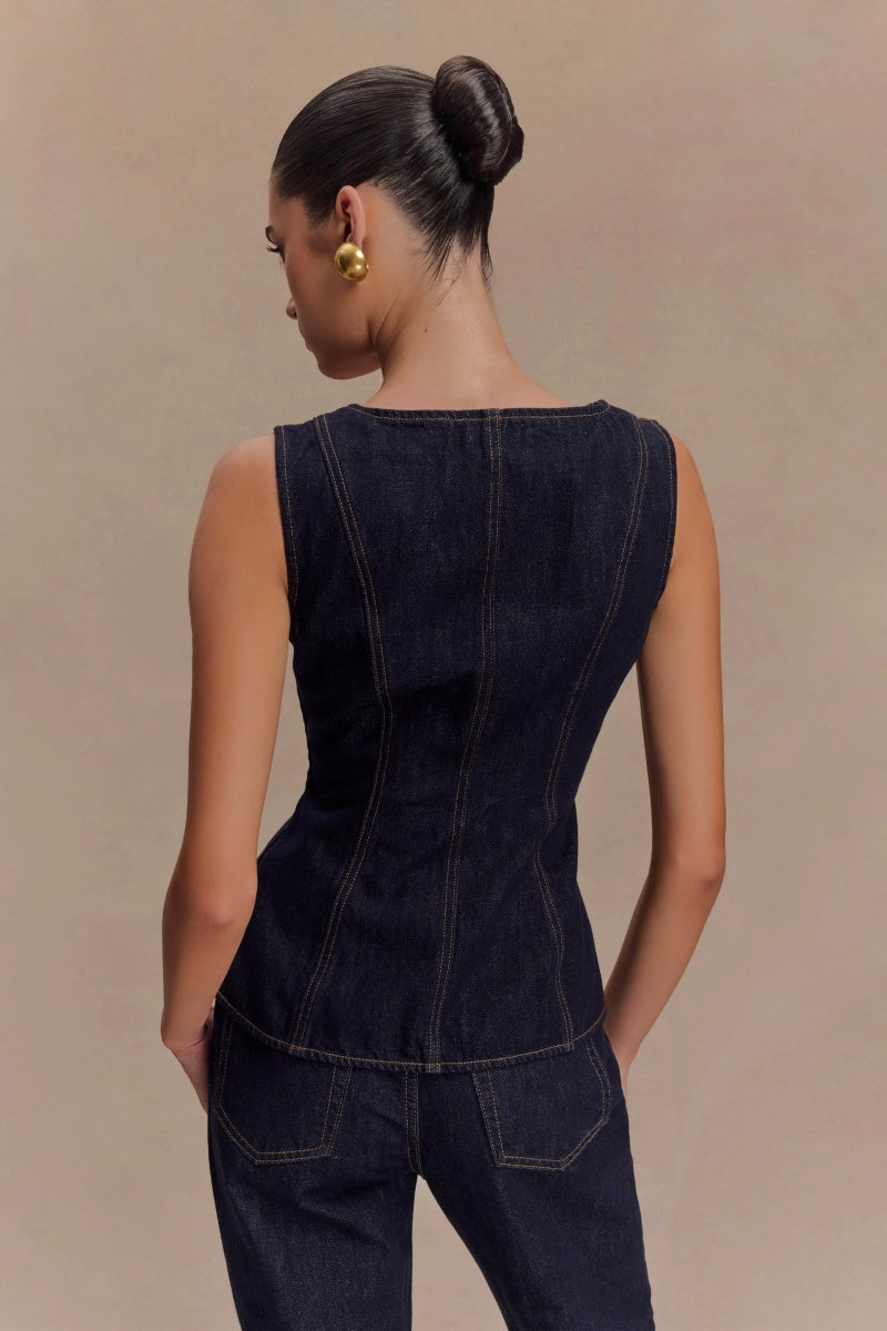 Sleeveless Buttoned Denim Set-ROVOLE