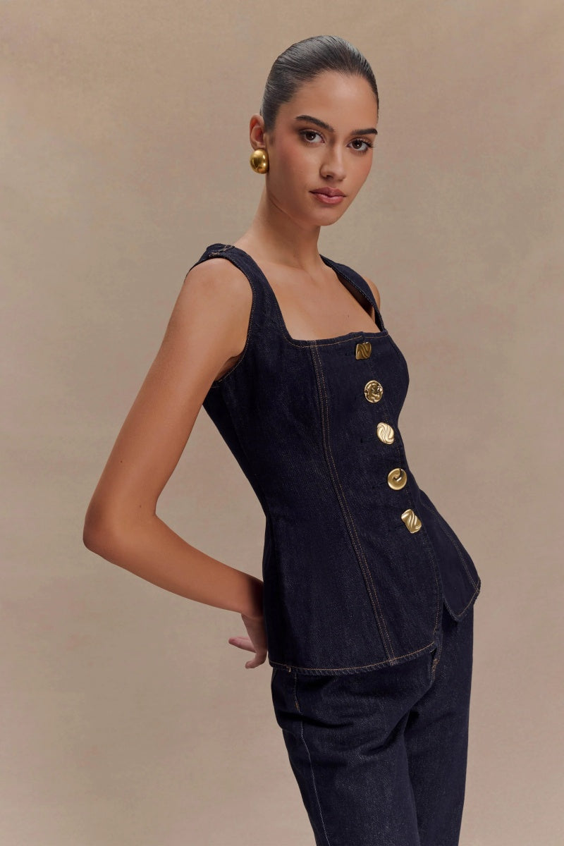 Sleeveless Buttoned Denim Set-ROVOLE