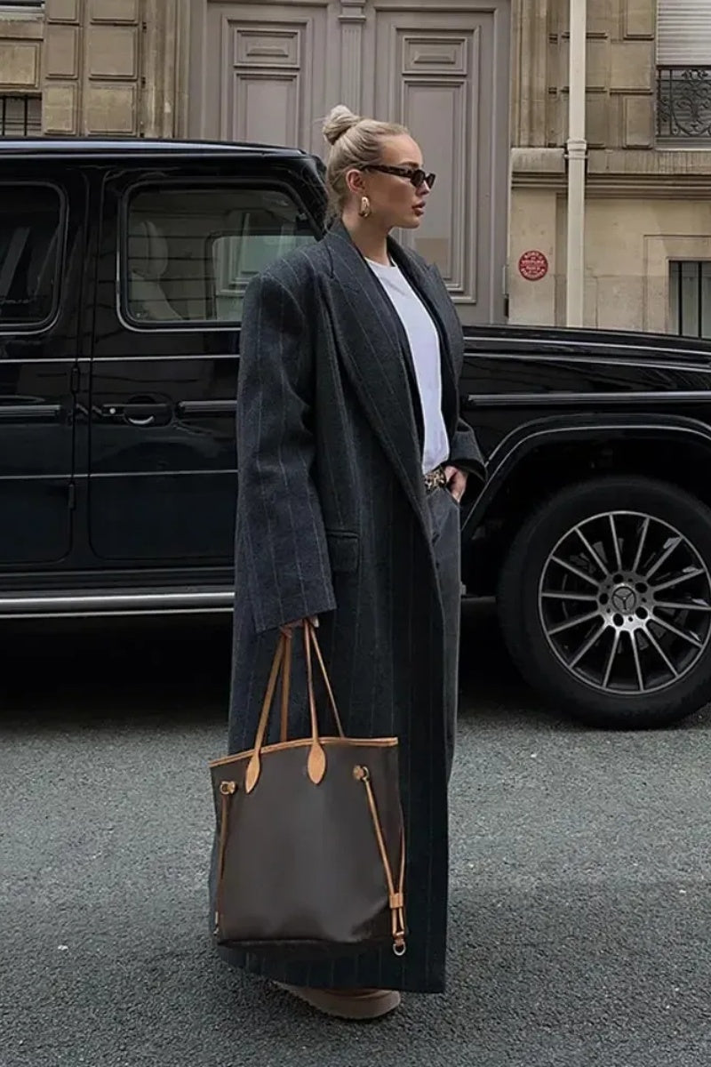 Lapel Striped Oversize Full Sleeve Long Coat-ROVOLE