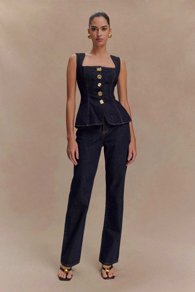 Sleeveless Buttoned Denim Set-ROVOLE