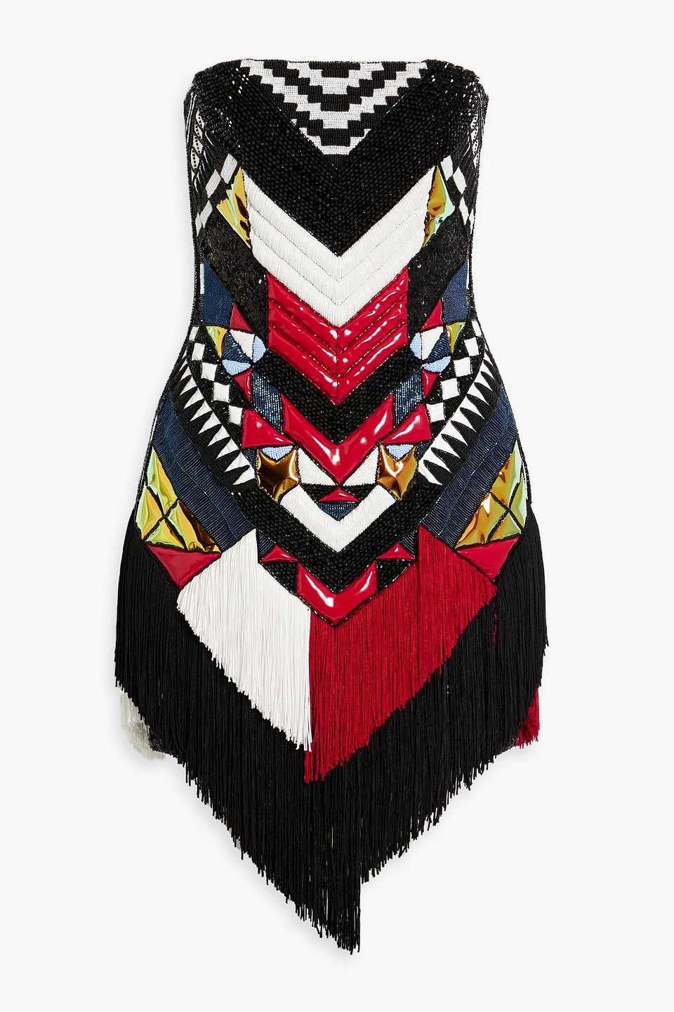 Geo-Pattern Strapless Fringe Mini Dress