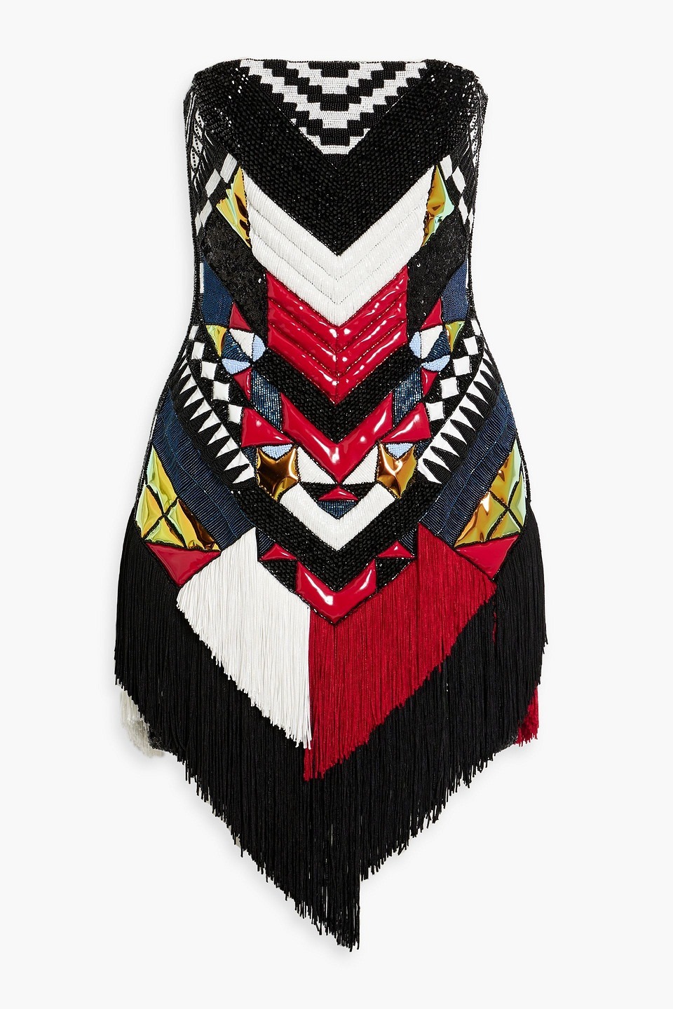 Geo-Pattern Strapless Fringe Mini Dress