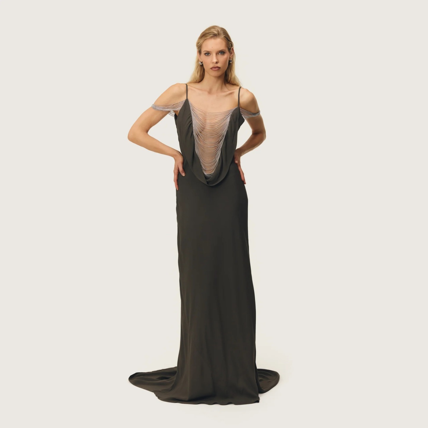 Olive Chain Drape Cowl Evening Gown