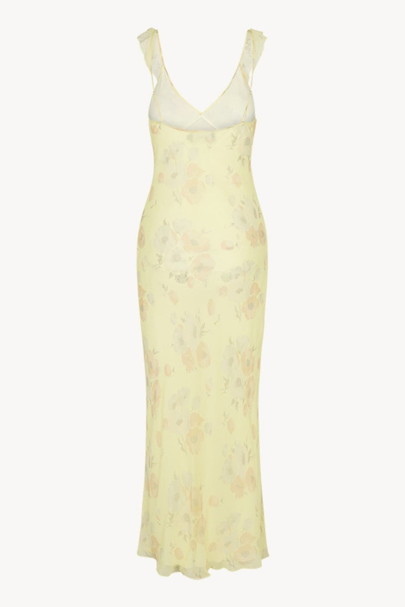 Bow Ruffle Plunge Neck Floral Slim Fit Maxi Dress-ROVOLE