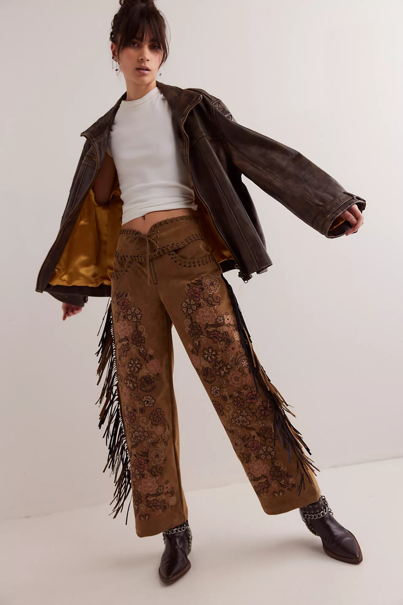 Western Floral Fringe Flare Pants