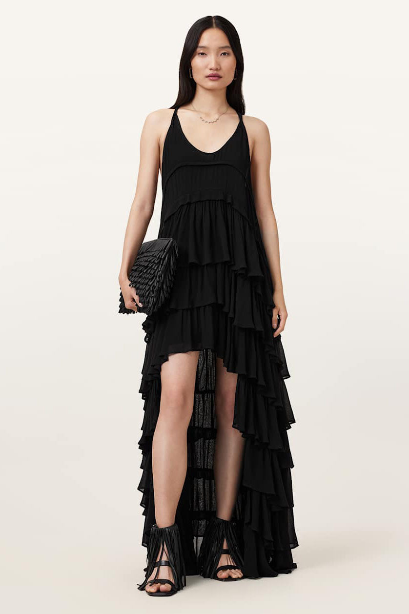 Black Layered Asymmetric Maxi Dress-ROVOLE
