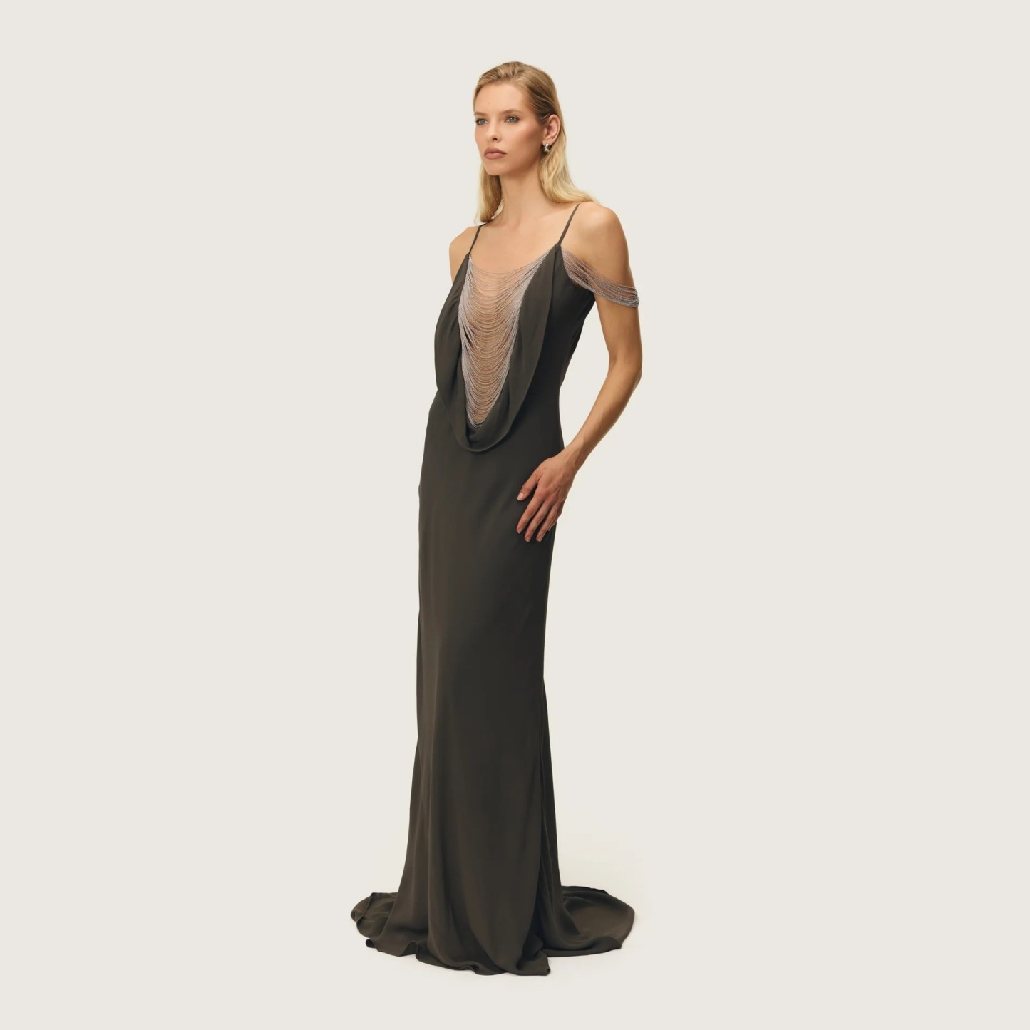 Olive Chain Drape Cowl Evening Gown