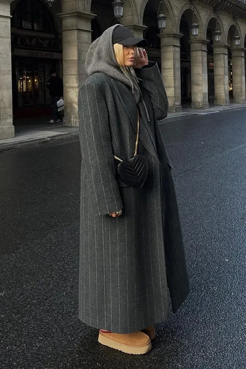 Lapel Striped Oversize Full Sleeve Long Coat-ROVOLE
