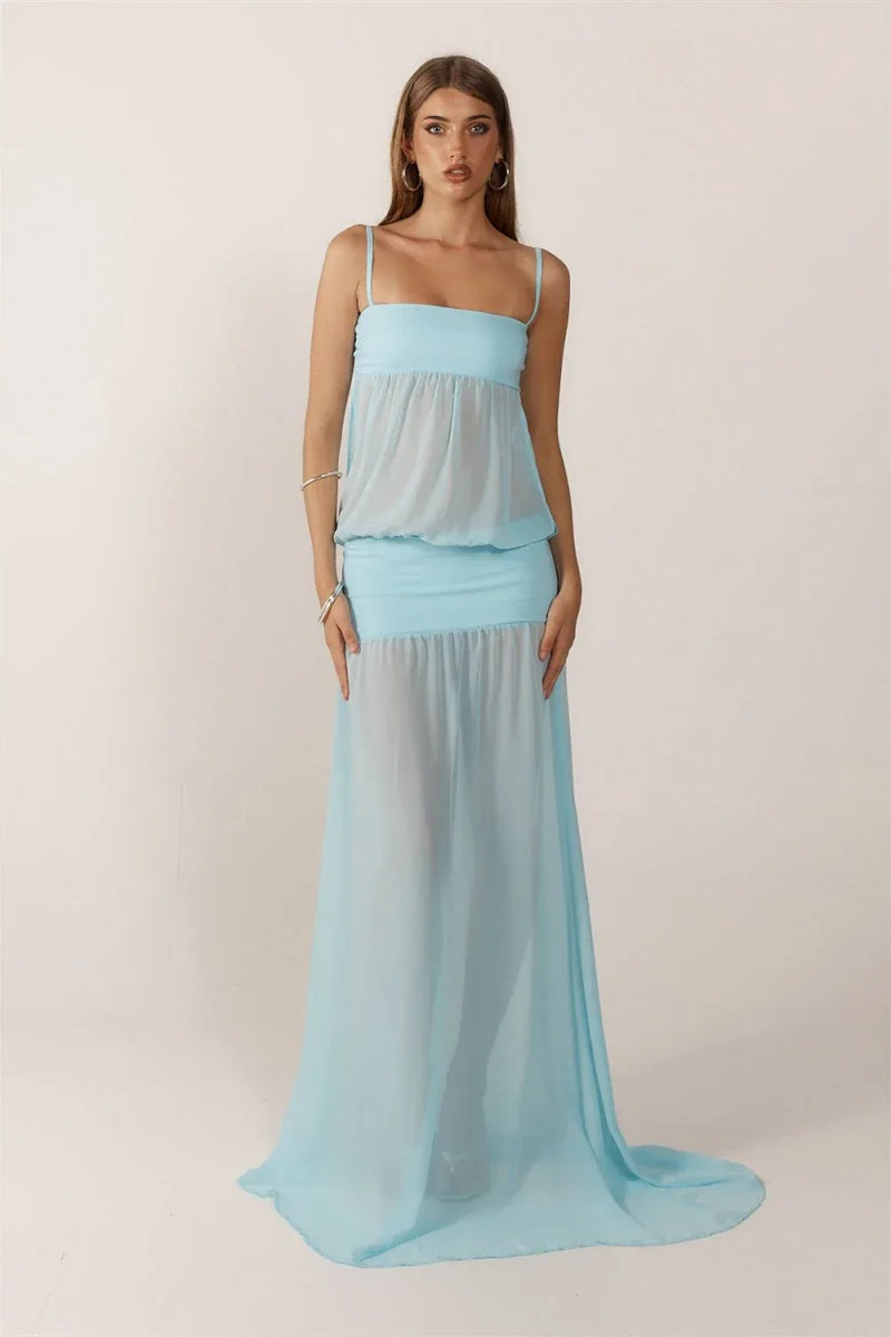 Blue Sheer Maxi Dress-ROVOLE