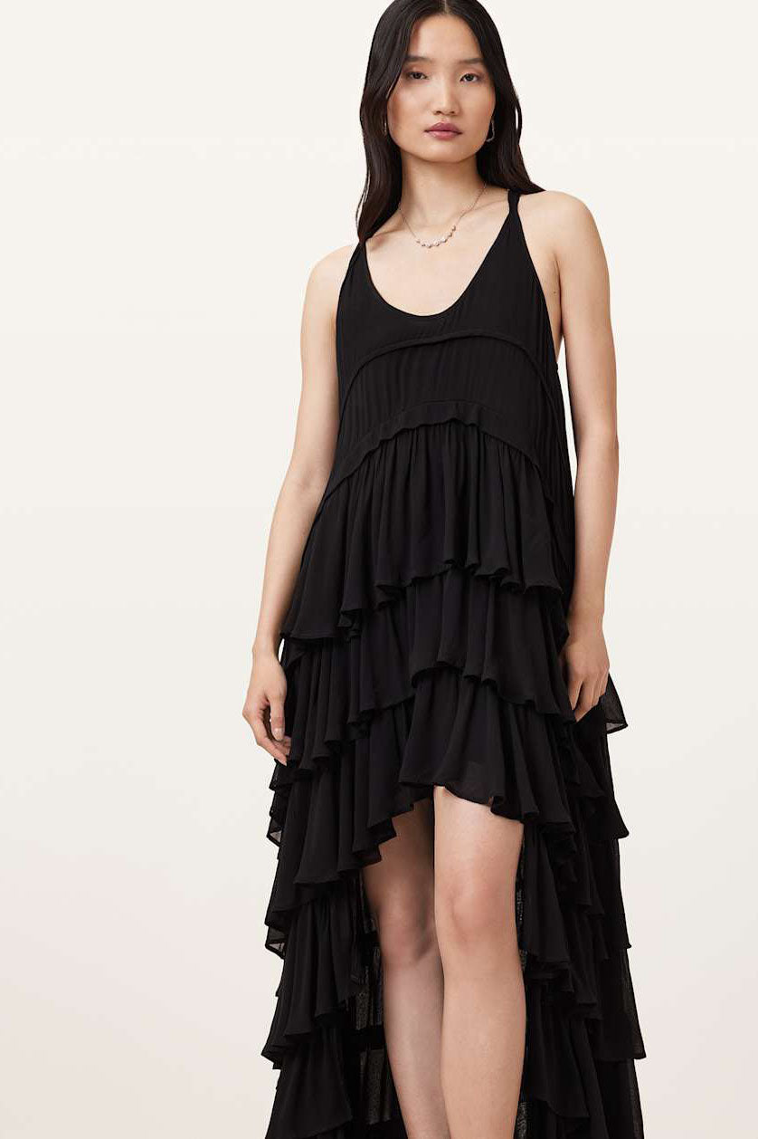 Black Layered Asymmetric Maxi Dress-ROVOLE