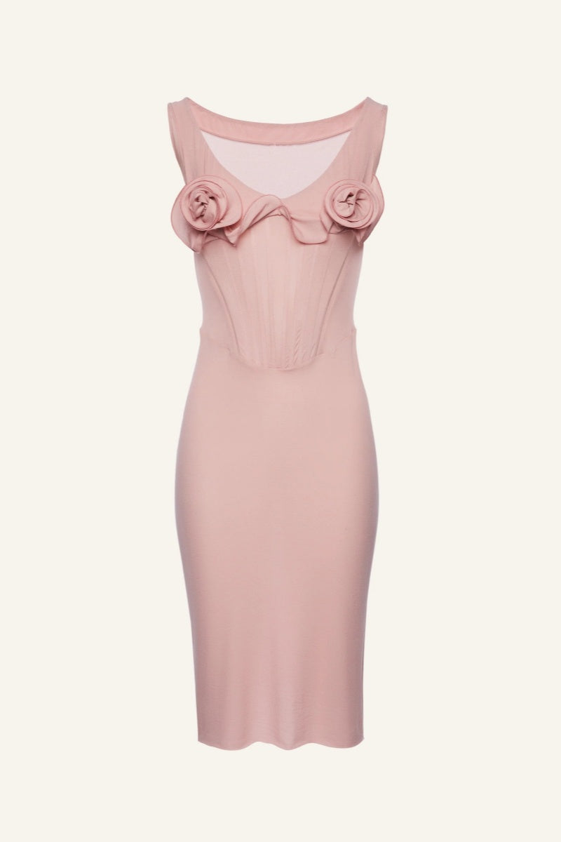 Pink Flower Bustier Midi Dress-ROVOLE
