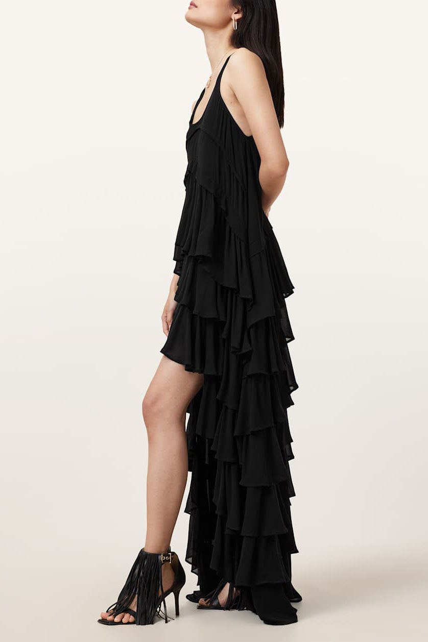 Black Layered Asymmetric Maxi Dress-ROVOLE