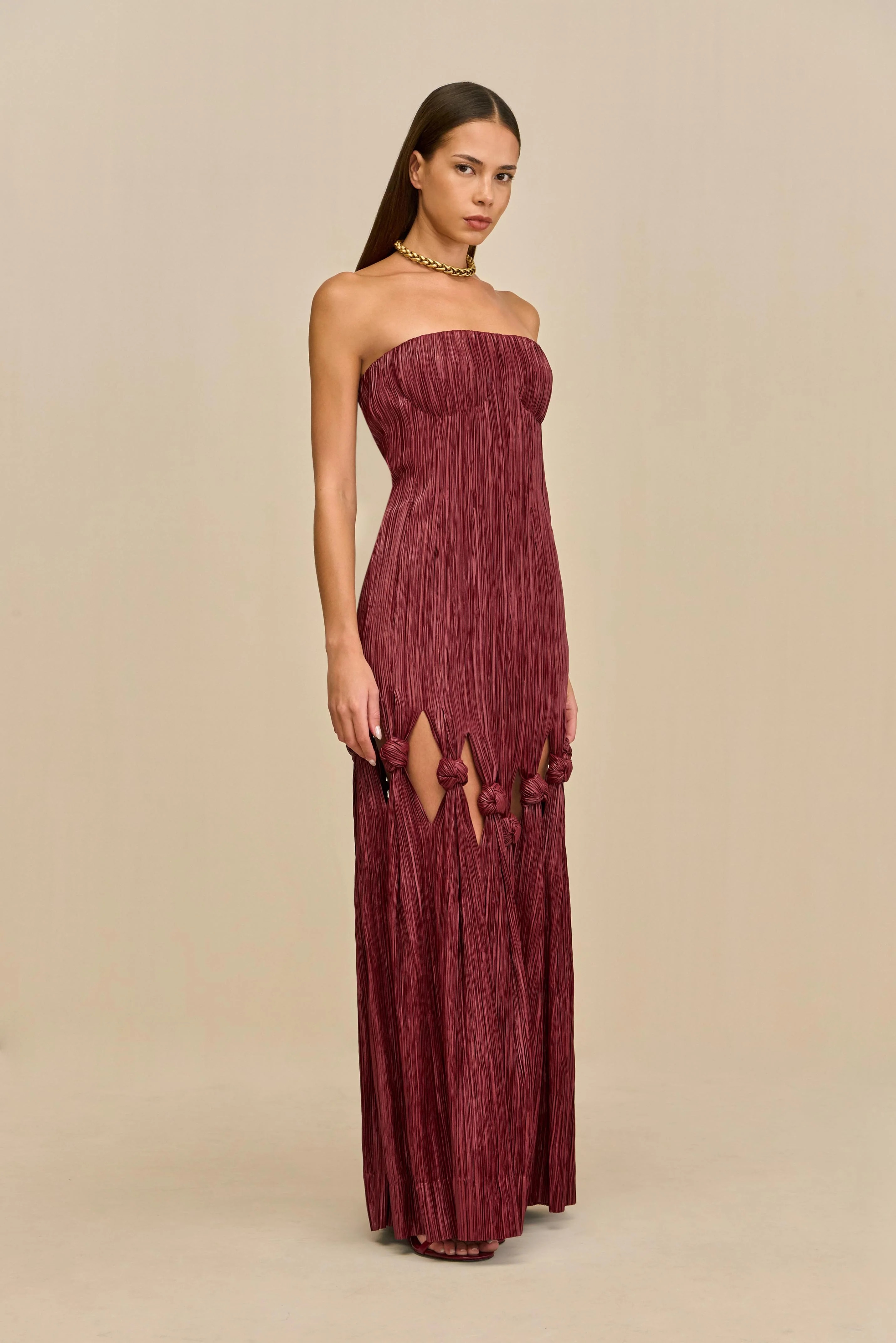 Burgundy Ruched Strapless Cutout-Knot Maxi Dress