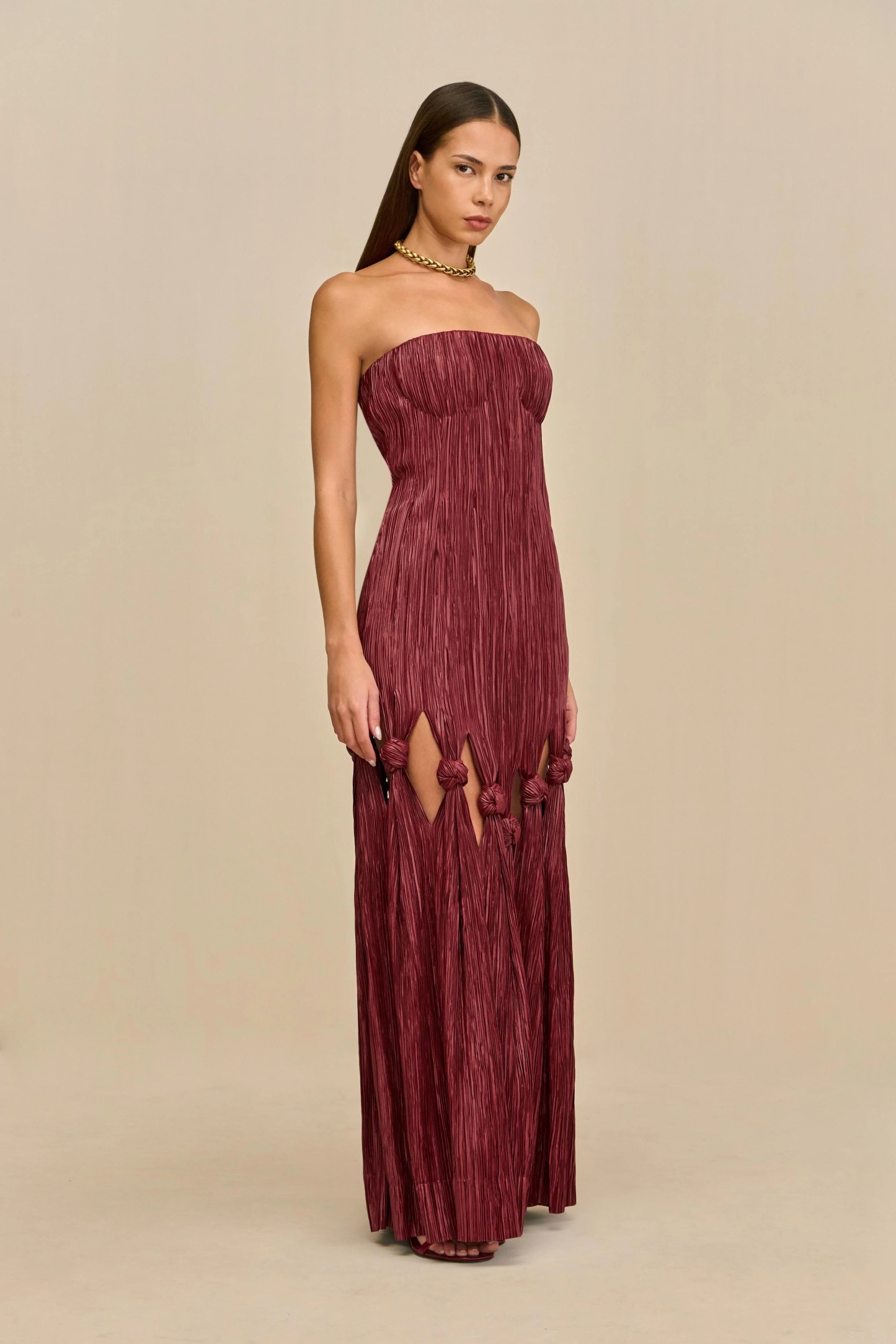 Burgundy Ruched Strapless Cutout-Knot Maxi Dress