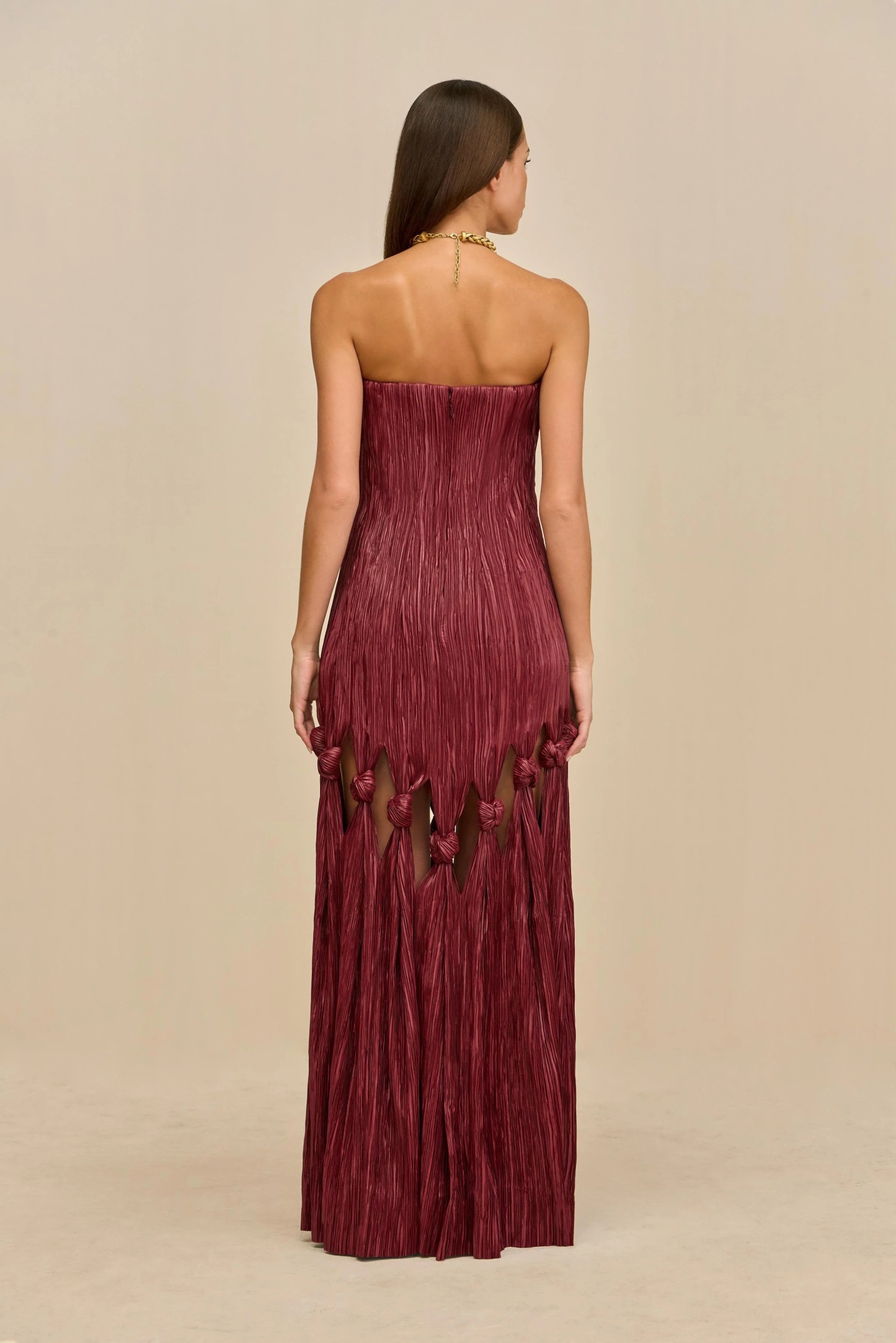 Burgundy Ruched Strapless Cutout-Knot Maxi Dress
