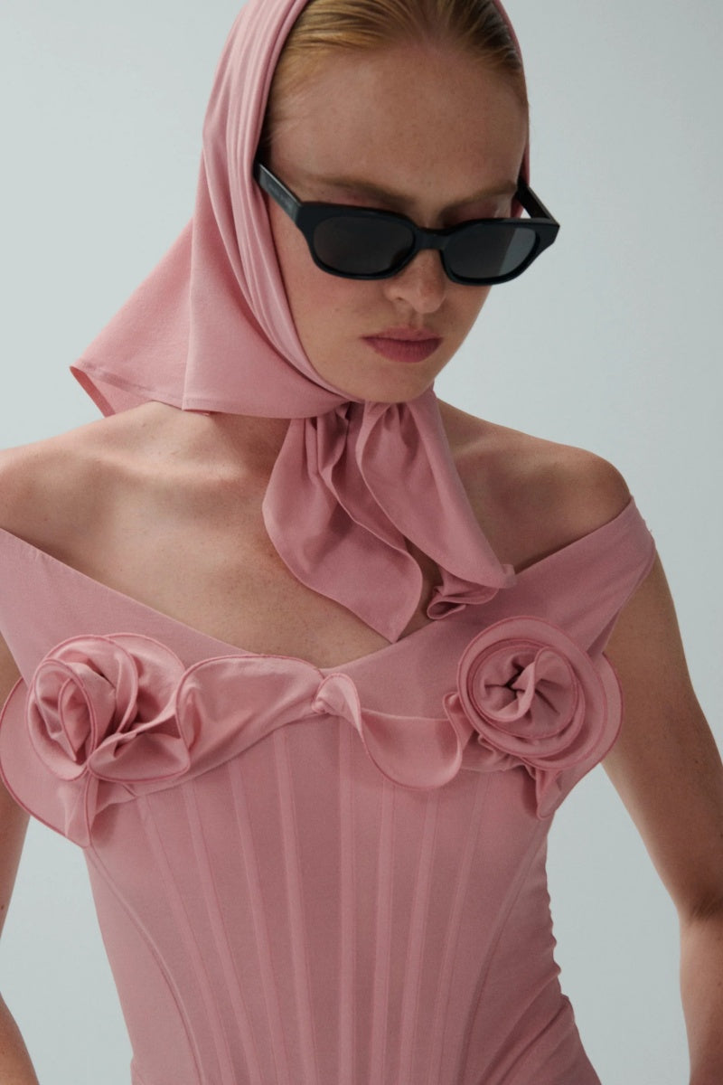 Pink Flower Bustier Midi Dress-ROVOLE