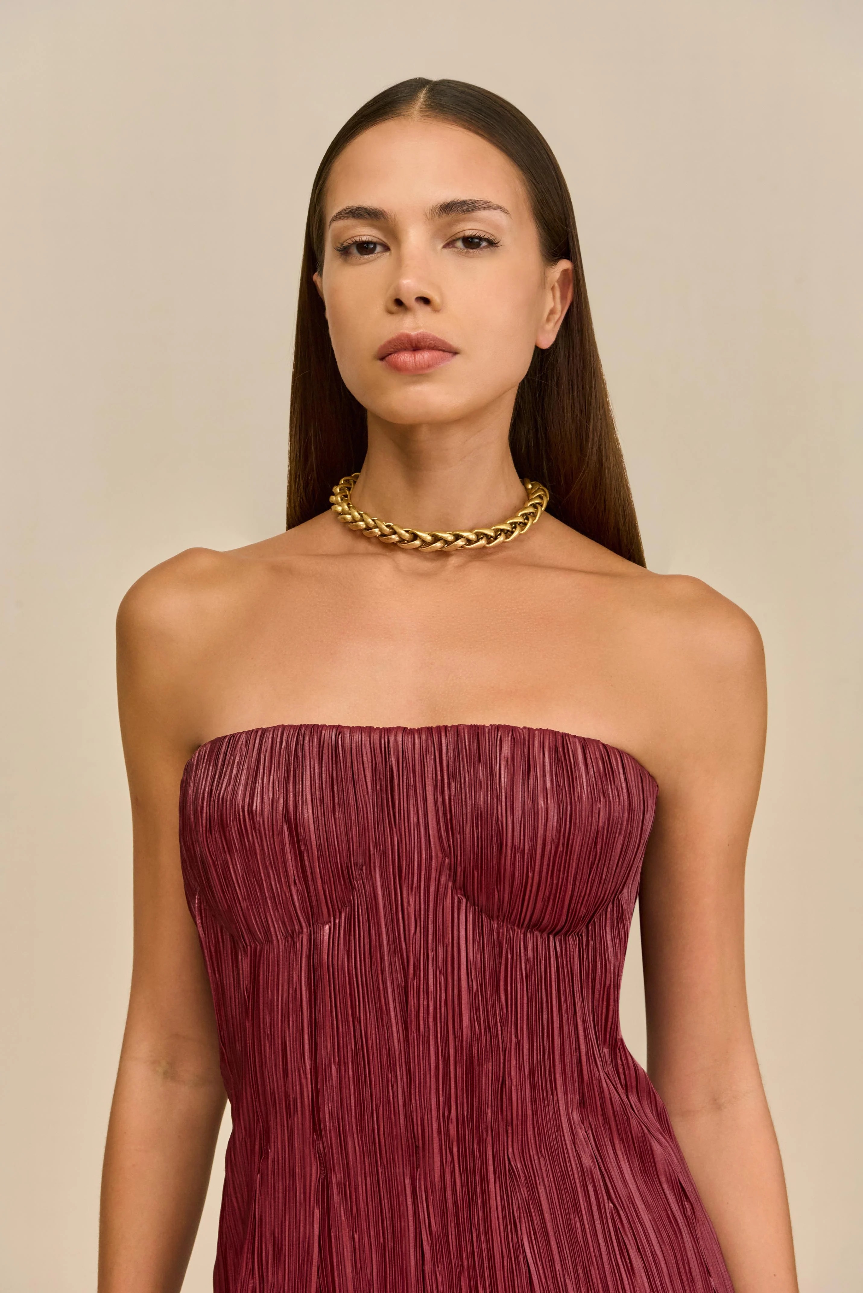 Burgundy Ruched Strapless Cutout-Knot Maxi Dress