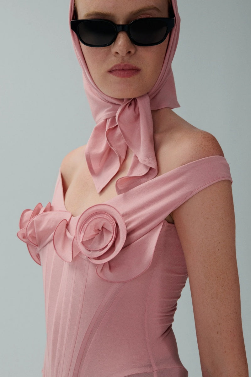 Pink Flower Bustier Midi Dress-ROVOLE
