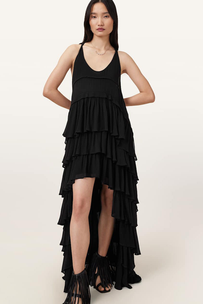 Black Layered Asymmetric Maxi Dress-ROVOLE
