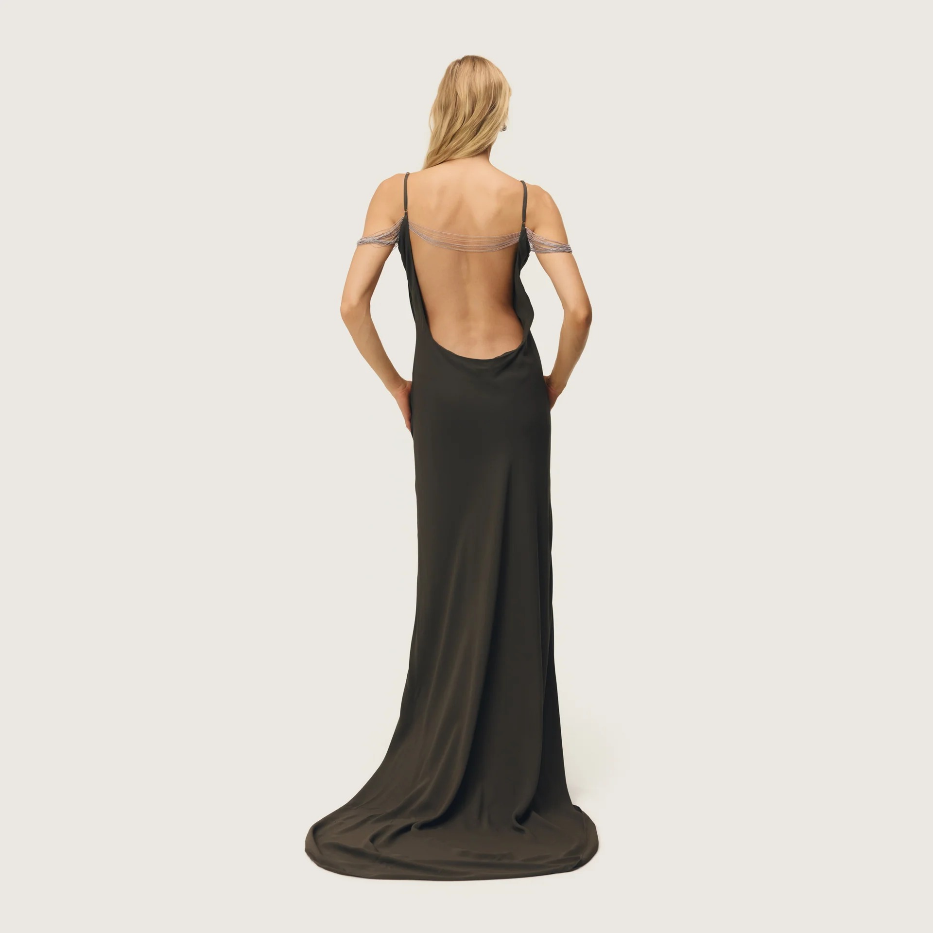 Olive Chain Drape Cowl Evening Gown
