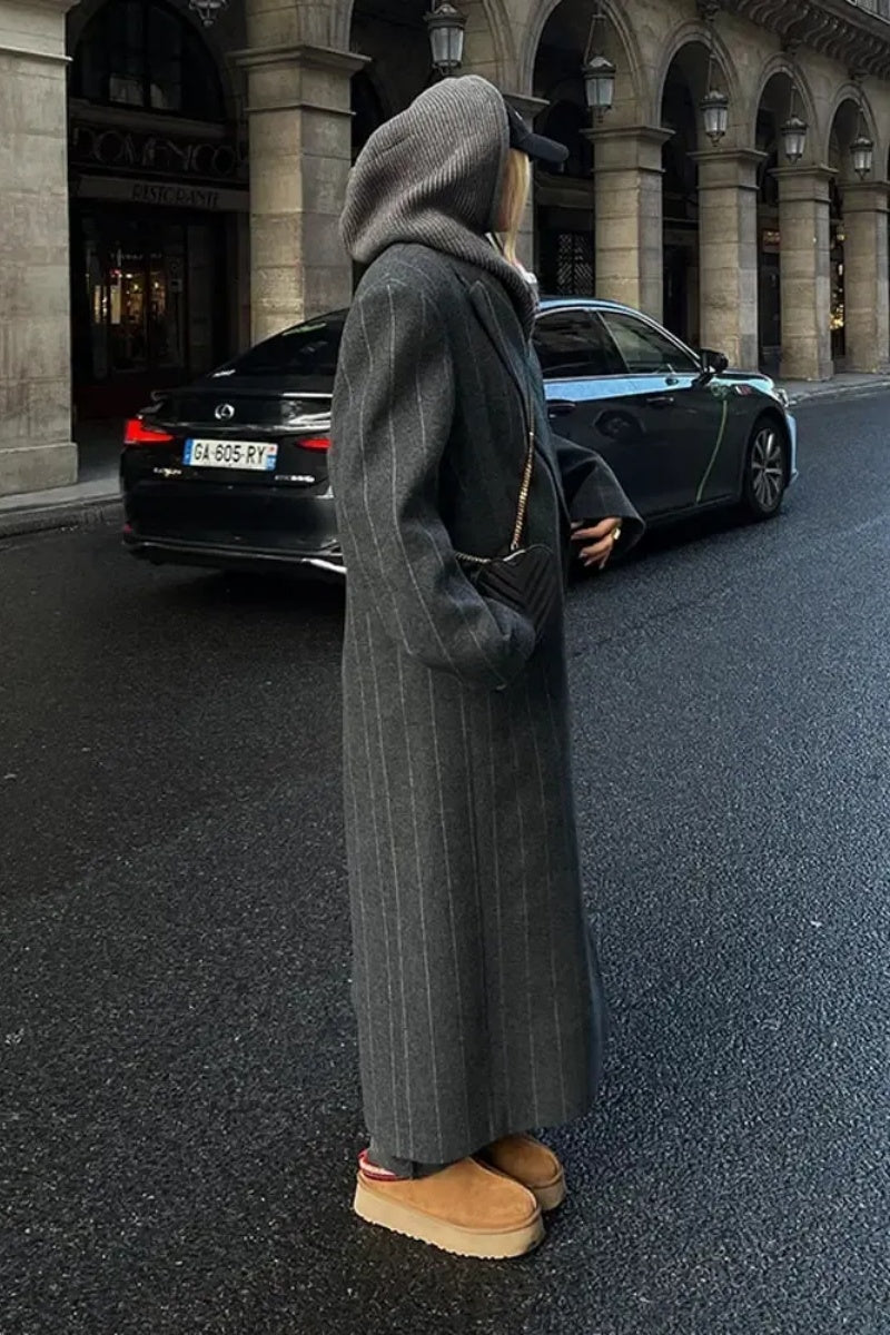 Lapel Striped Oversize Full Sleeve Long Coat-ROVOLE