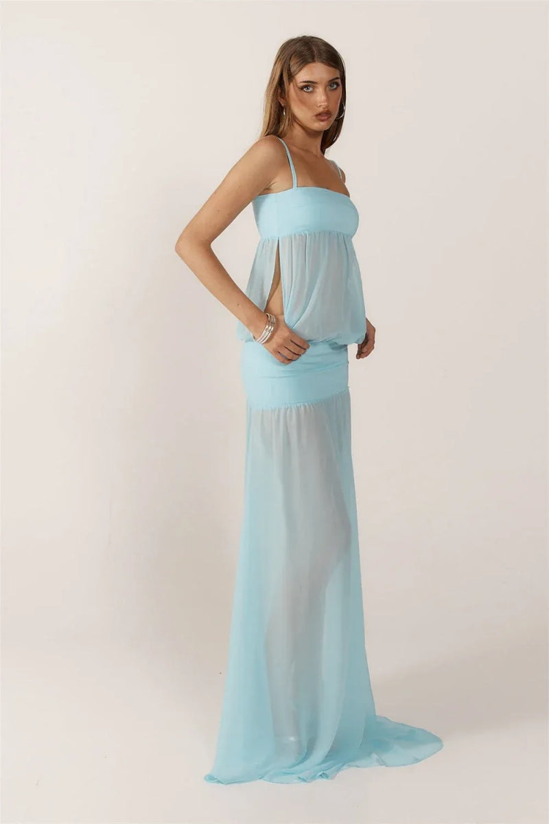 Blue Sheer Maxi Dress-ROVOLE