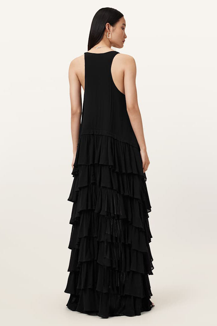 Black Layered Asymmetric Maxi Dress-ROVOLE