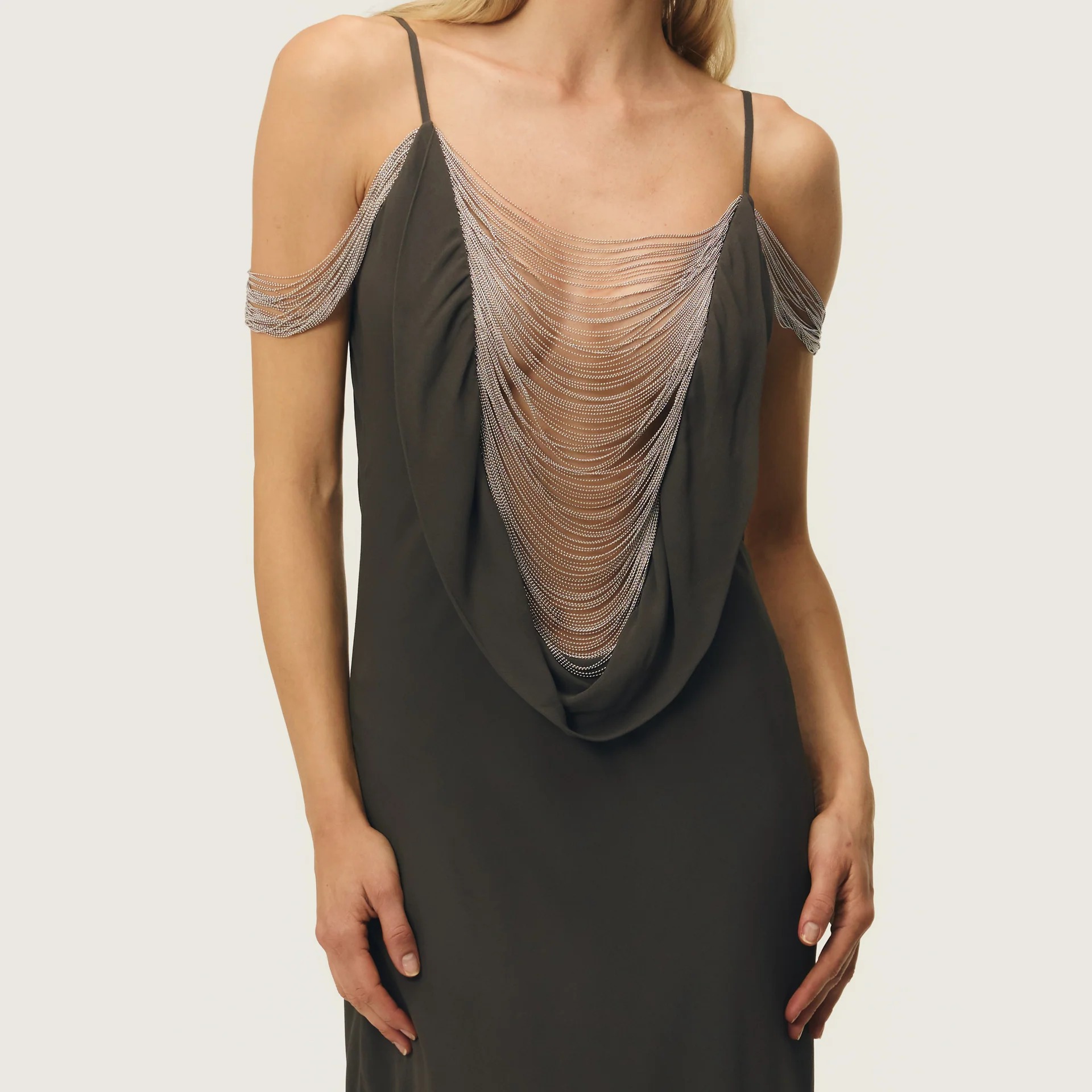 Olive Chain Drape Cowl Evening Gown
