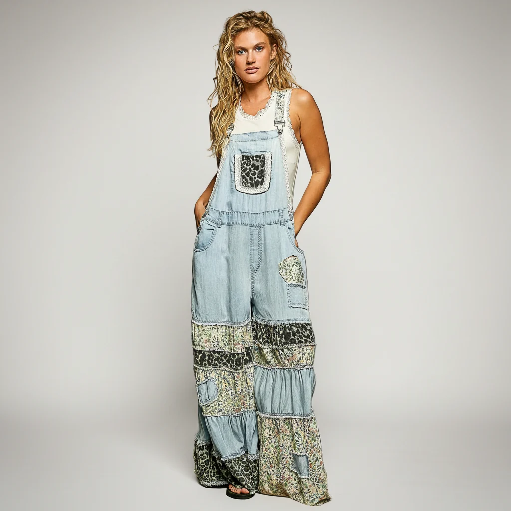 Patchwork Wide-Leg Denim Overalls