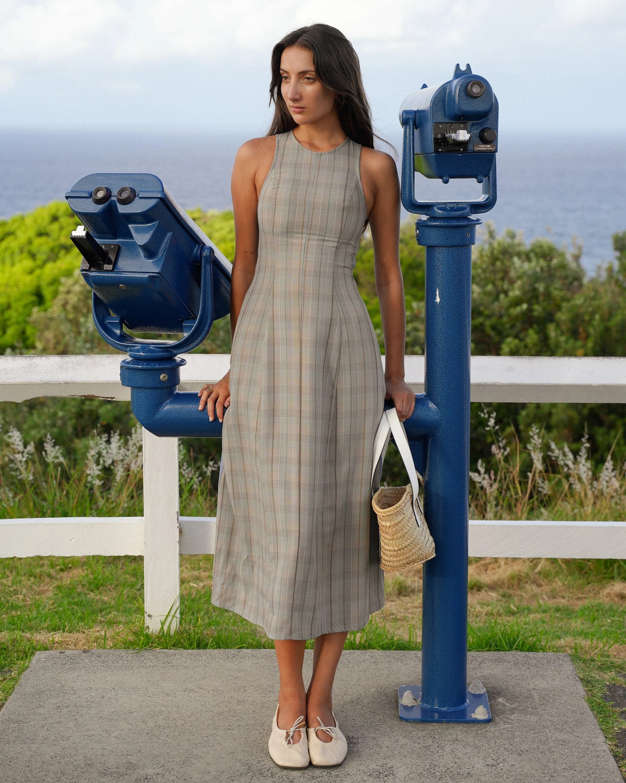Pinstripe & Blue Panel Sleeveless Midi Dress