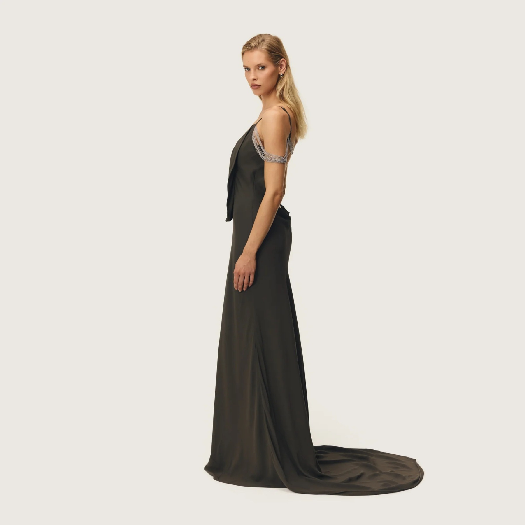 Olive Chain Drape Cowl Evening Gown